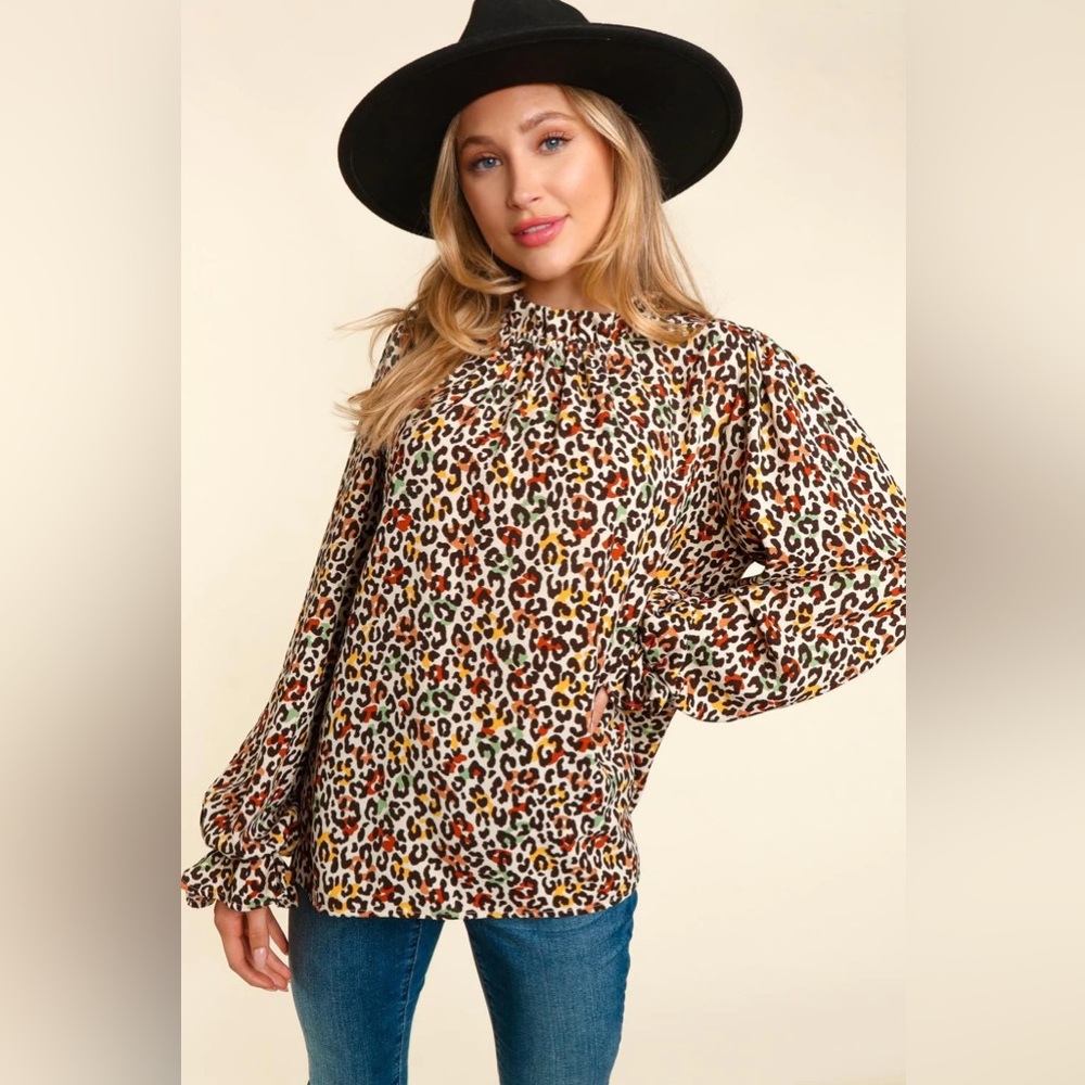 Taupe and Sepia Frilled Mock Neck Animal Print Top